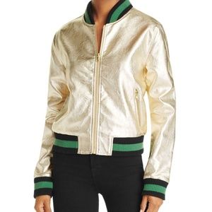 Metallic Gold Black faux leather bomber jacket